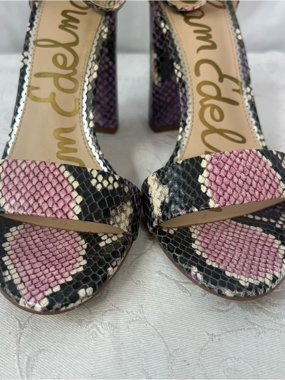 Sam Edelman Yaro Sandals Snakeskin 4” Block Heel Ankle Strap Black Pink Purple 7
